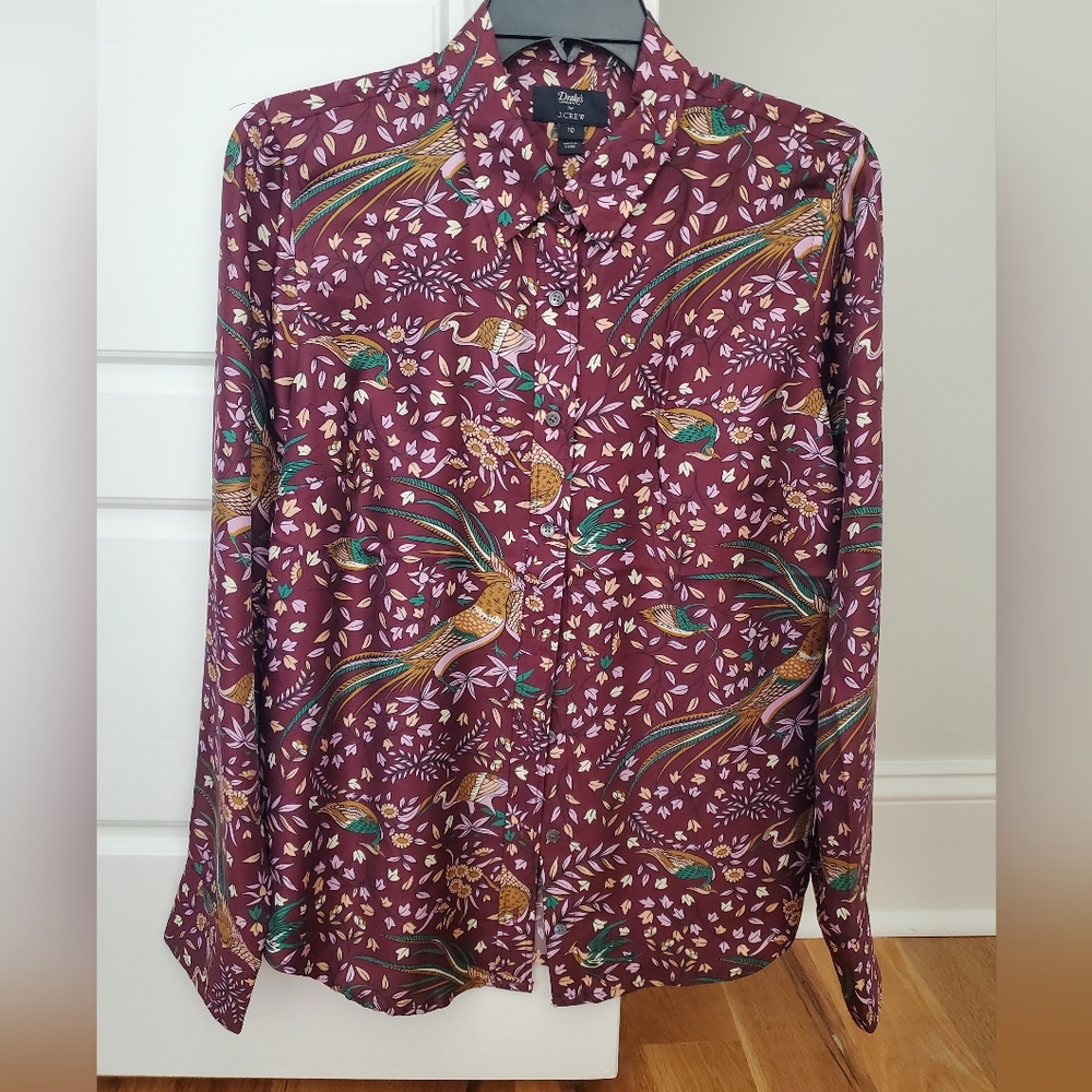 Drake's for J. Crew silk bird print burgundy button down blouse Size 10